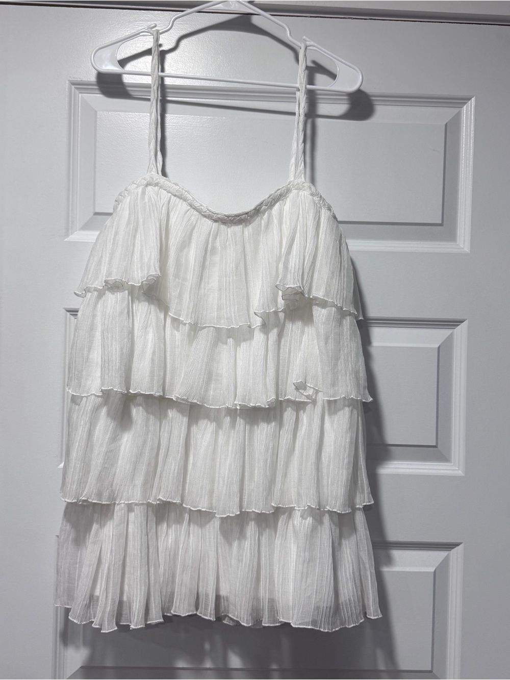 Lena White Tiered Spaghetti-Strap Mini Dress with Ruffled Layers - Picture 2 of 10